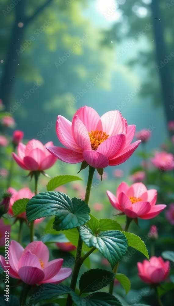 Fluffy, rain-releasing cloud flowers bloom in a vibrant enchanted garden , whimsical, bloom Fluffy, rain-releasing cloud flowers bloom in a vibrant enchanted garden , whimsical, bloom