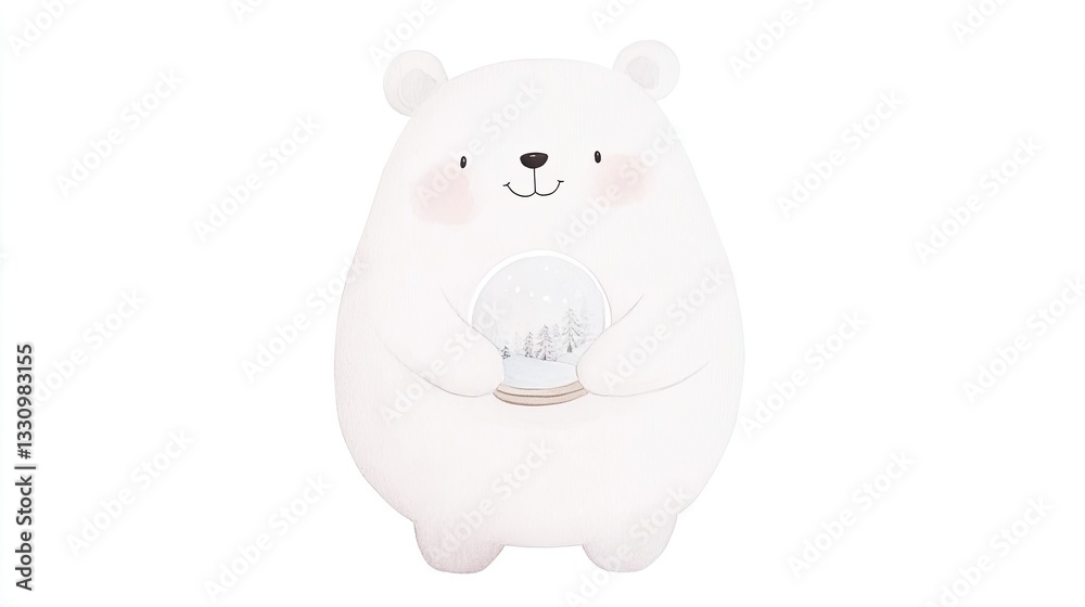 Cute Cartoon Polar Bear Holding Snow Globe with Winter Scene on White Background Cute Cartoon Polar Bear Holding Snow Globe with Winter Scene on White Background