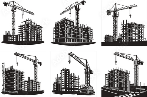 Heavy Duty Mobile and Tower Cranes Industrial Construction Set.