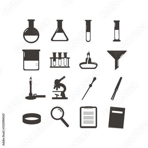 実験器具シルエットアイコンセット：科学実験のベクターイラスト - Laboratory Equipment Silhouette Icon Set: Scientific Experiment Vector Illustration
