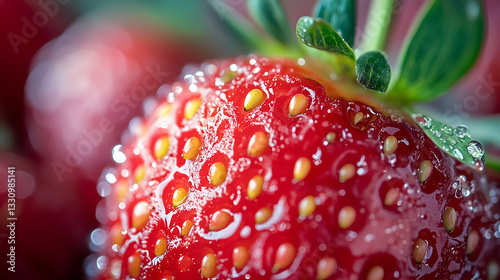 A close-up of a ripe red strawberry covered in glistening water droplets. The vibrant color, juicy texture, and detailed seeds make it a perfect image for food, health, and freshness concepts.
