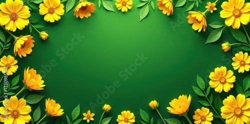 Vibrant yellow floral seamless pattern on lush green background , spring, field