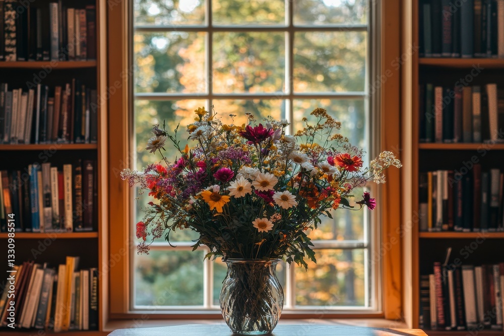 Fototapeta premium Colorful Wildflower Bouquet in Glass Vase on Library Windowsill
