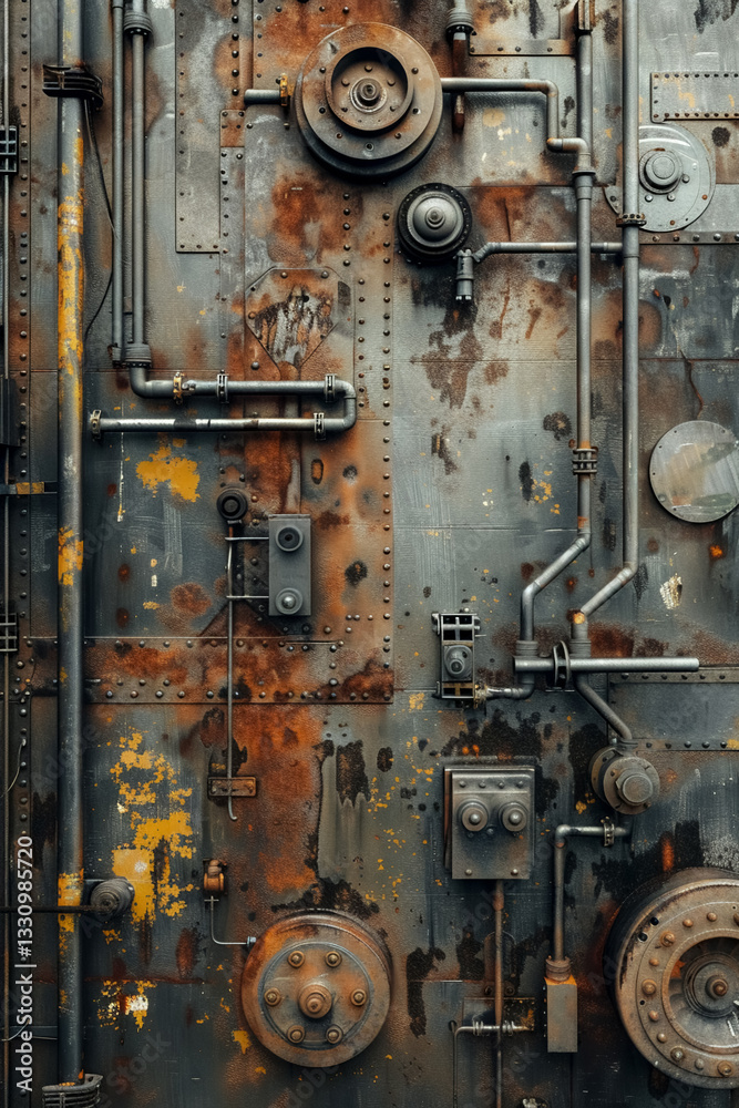Rusty industrial wall with pipes, gears, and mechanical elements, showcasing vintage aesthetic Rusty industrial wall with pipes, gears, and mechanical elements, showcasing vintage aesthetic