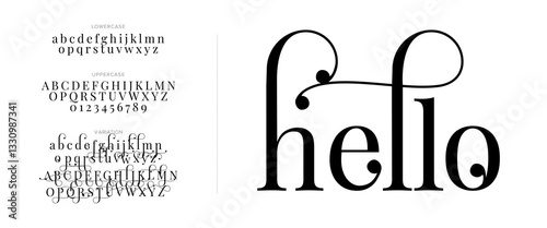 Hello Elegant Font Uppercase Lowercase And Number. Classic Lettering Minimal Fashion Designs. Typography modern serif fonts regular decorative vintage concept. vector illustration