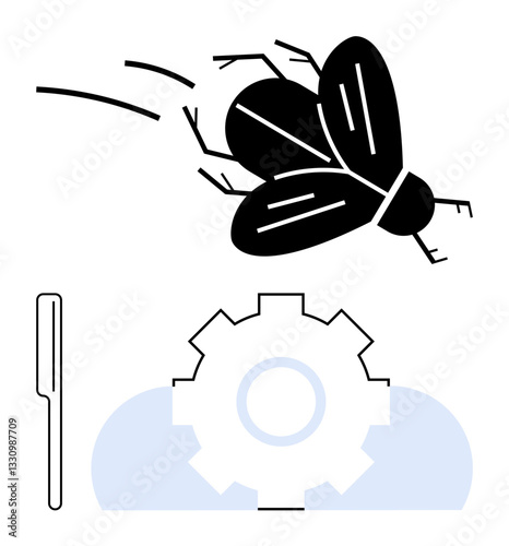 Flying insect above a gear with magnifier, representing system error or debugging. Ideal for programming, troubleshooting, innovation, workflow, testing, data analysis education. Flat simple