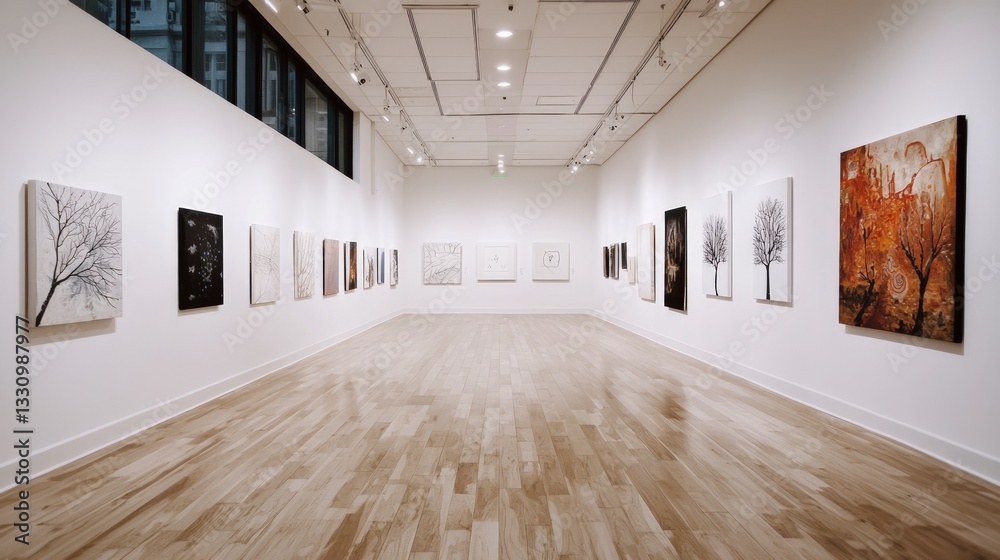 Obraz premium Modern Art Gallery Interior Paintings White Walls Hardwood Floor
