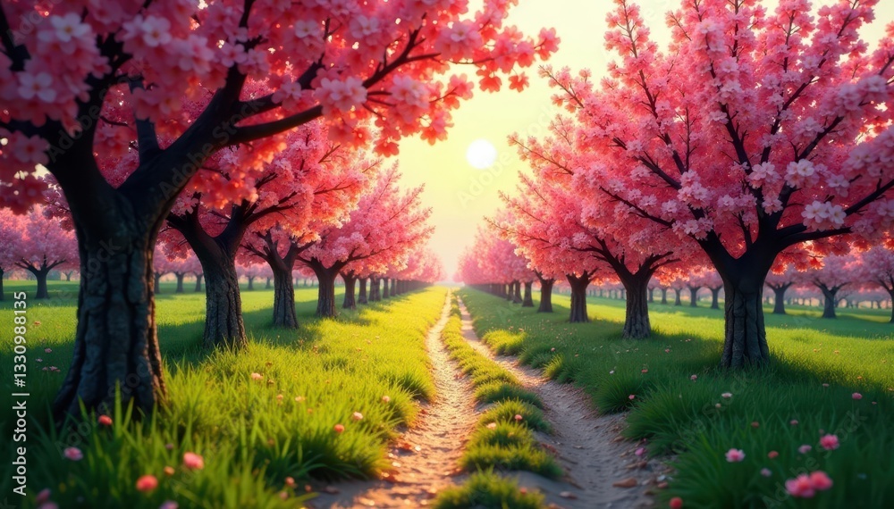 Naklejka premium Sun-dappled path winds through blossoming orchard, gentle breeze , outdoor, scenic