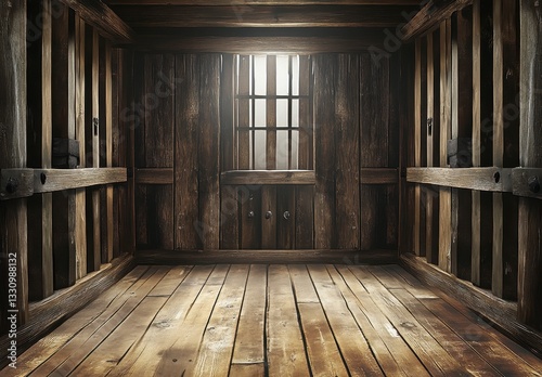 Dark Rustic Wooden Prison Cell Interior with Barred Window