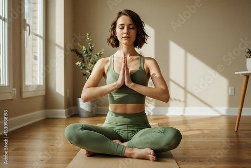 Woman Meditating Yoga Green Outfit Indoor Natural Light Plant Serene