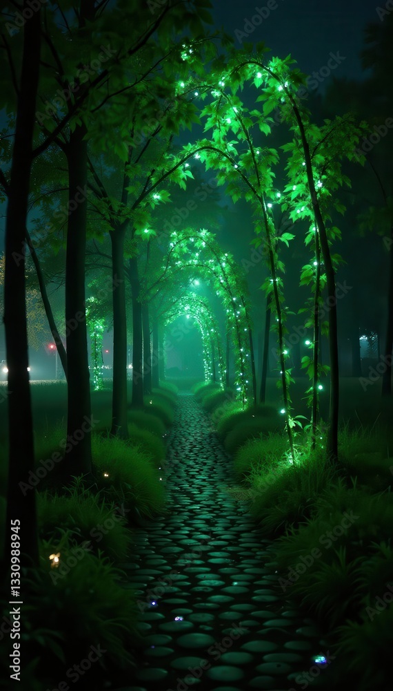Fototapeta premium Bio-luminescent vines forming hexagonal grid, night view, organic, climbing plants