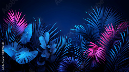 Neon tropical leaves, vibrant pink and blue foliage, dark background, exotic plants, illuminated flora,  tropical wallpaper, summer vibes, botanical backdrop.