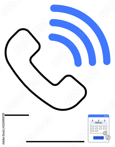 Phone handset emitting wireless signal with annual subscription calendar icon. Ideal for communication, subscription, connectivity, technology, customer service, billing, scheduling. Flat simple