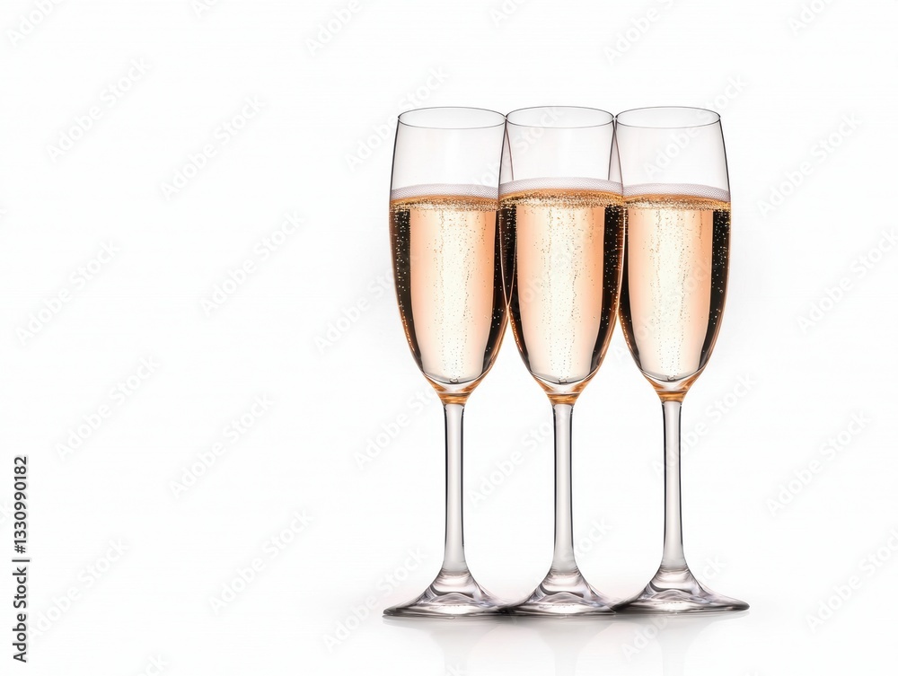 Three elegant champagne flutes filled with bubbly rose, set against a clean white background. Three elegant champagne flutes filled with bubbly rose, set against a clean white background.