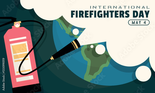 Internatinal Firefighters Day Poster. Portable fire extinguisher spraying the earth