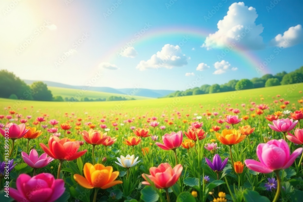 Lush field of colorful blooms, rainbow backdrop, gentle breeze , happy, vibrant colors Lush field of colorful blooms, rainbow backdrop, gentle breeze , happy, vibrant colors