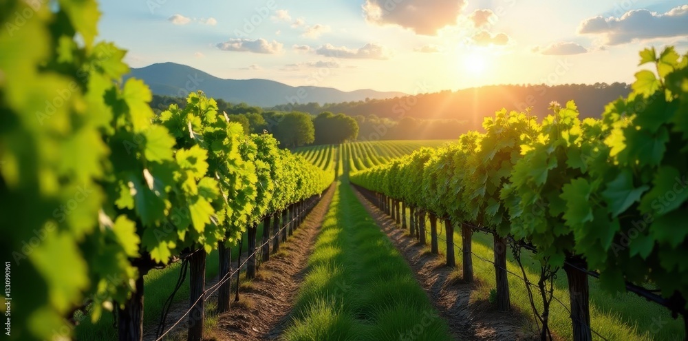 Fototapeta premium Picturesque spring vineyard, vibrant vines bathed in sunlight Rows stretch to horizon , photography, vibrant