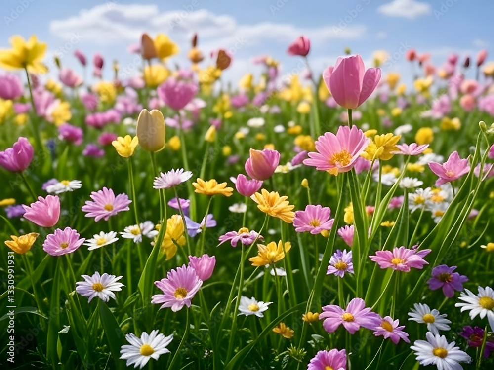 Colorful flower field in full bloom under bright blue sky during springtime Colorful flower field in full bloom under bright blue sky during springtime