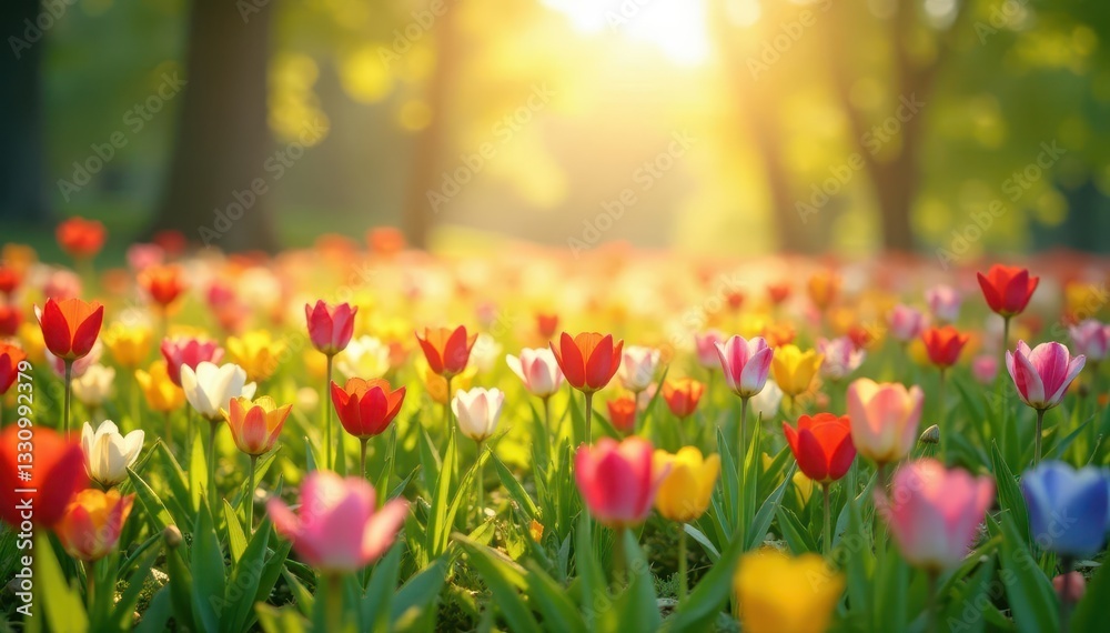 Fototapeta premium Bright rainbow crowns a field of colorful spring flowers bathed in sunlight, day, pastel colors