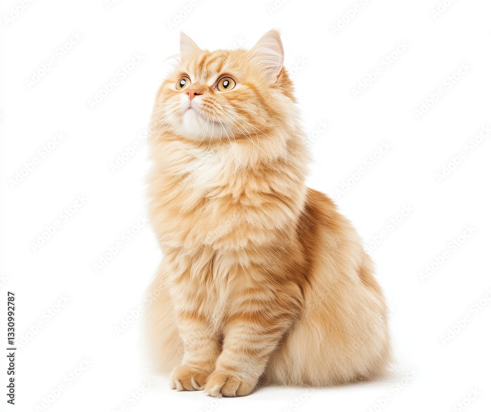 Fototapeta premium Fluffy Ginger Cat Sitting on White Background