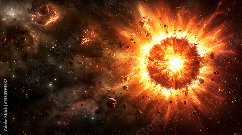 The primordial explosion that shaped the universe, with radiant waves of energy, chaotic celestial formations, and the creation of the first cosmic structures.
