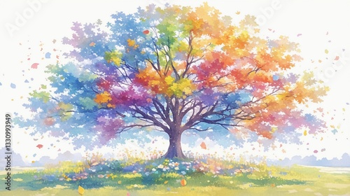 色とりどりの葉を持つ多様な木の水彩画5