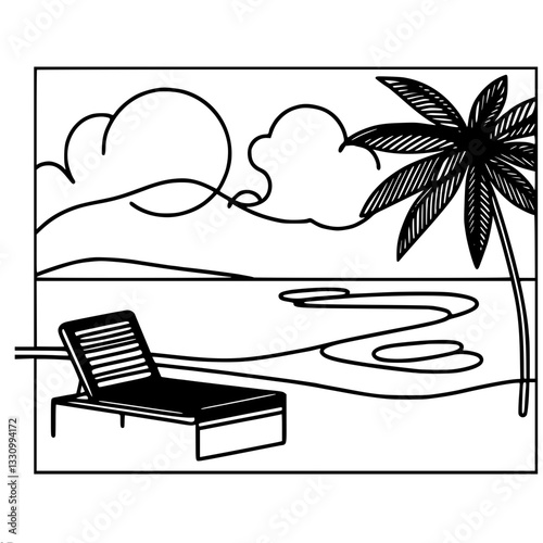 Abstract vector image of a sun lounger under a palm tree on the seashore. Minimalistic style, emphasizing the summer atmosphere of beach holidays and relaxation.