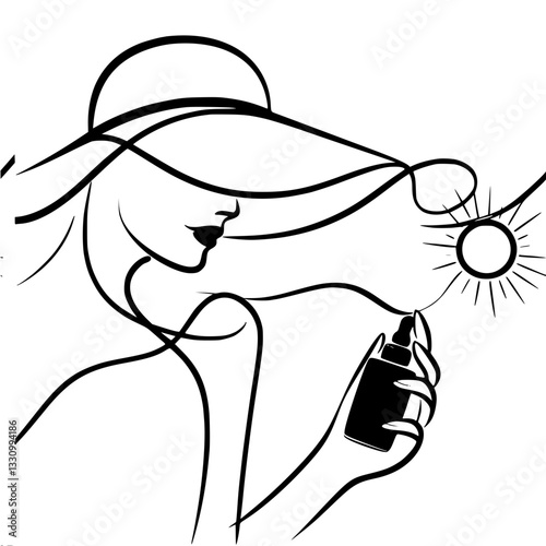 Linear outline vector image of a woman in a hat, with a sunscreen spray in her hand, made in a minimalist style