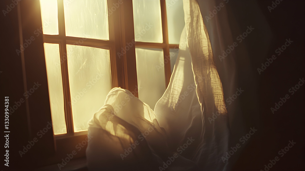 Sunlit curtains billowing gently in a breeze, illuminating a rustic window pane.  Golden hour light filters through the sheer fabric, creating a serene, peaceful atmosphere.