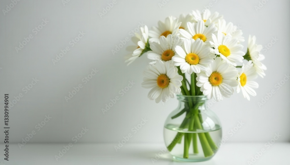 Vibrant white daisies, green stems, clear glass vase, purity, bouquet Vibrant white daisies, green stems, clear glass vase, purity, bouquet