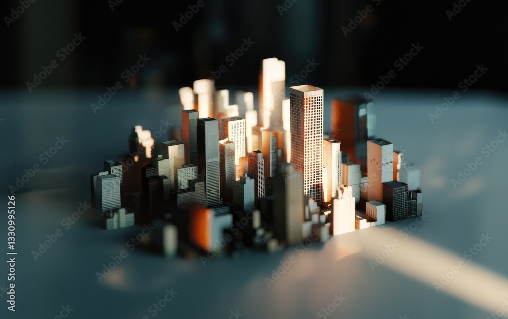 Obraz premium Miniature City Model with Warm Lighting on White Surface