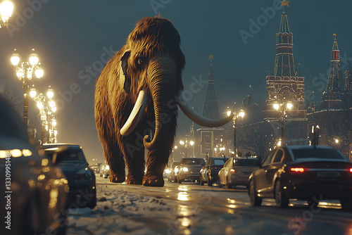 A modern city street with a colossal Woolly Mammoth walking calmly among cars and pedestrians, its thick fur glistening under the streetlights, creating a surreal contrast between past and present.