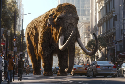 A modern city street with a colossal Woolly Mammoth walking calmly among cars and pedestrians, its thick fur glistening under the streetlights, creating a surreal contrast between past and present.