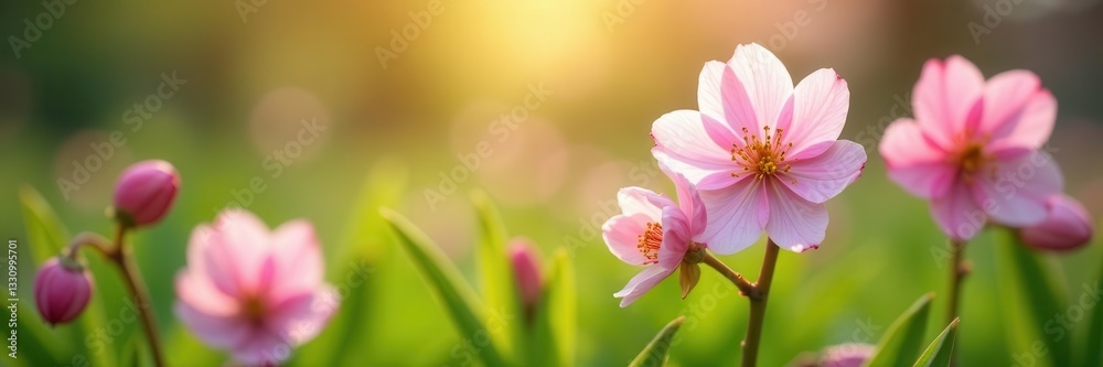 Delicate spring blossoms emerge from vibrant green shoots, sunlight dappled , vegetation, blossoms