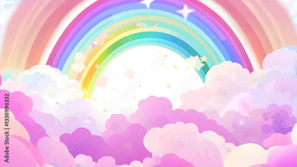 Pastel Pink Clouds and Rainbow Against a Sky Full of Colourful Stars Pastel Pink Clouds and Rainbow Against a Sky Full of Colourful Stars