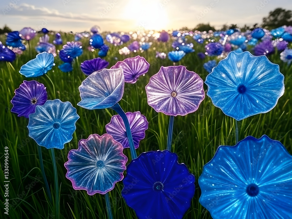 Naklejka premium Colorful glass flowers create a stunning display during sunset in a serene grassy field