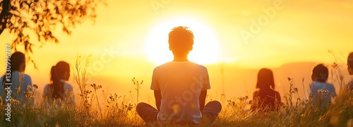  Serene Gathering at Sunset: A collective of individuals meditate together in the open air during the golden hour, embracing tranquility with the vast horizon.