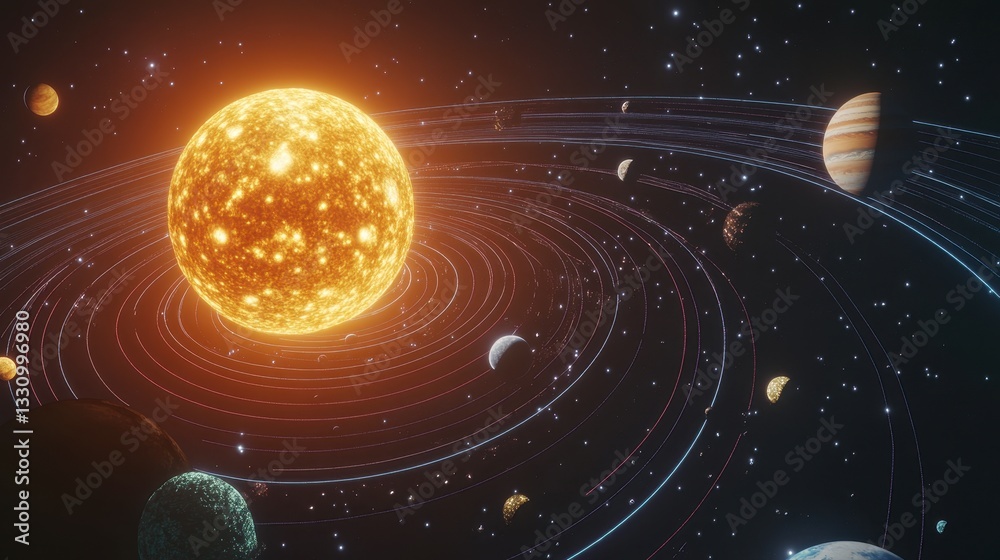 Obraz premium Glowing Orange Sun and Orbiting Planets in Dark Space