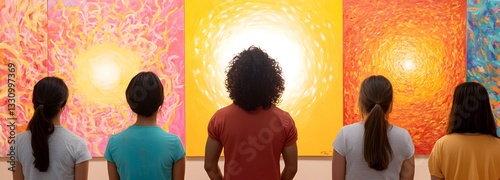 Art Gallery Observation: A group of individuals is completely engrossed, fixated on a series of bright, captivating artworks displayed within a modern art gallery setting.