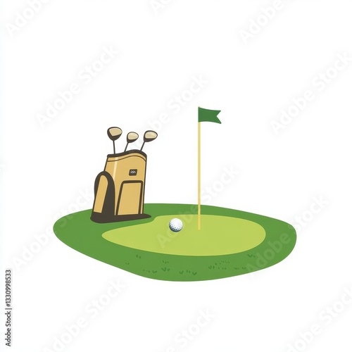 Golf Ball on Green Putting Green with Bag and Flag