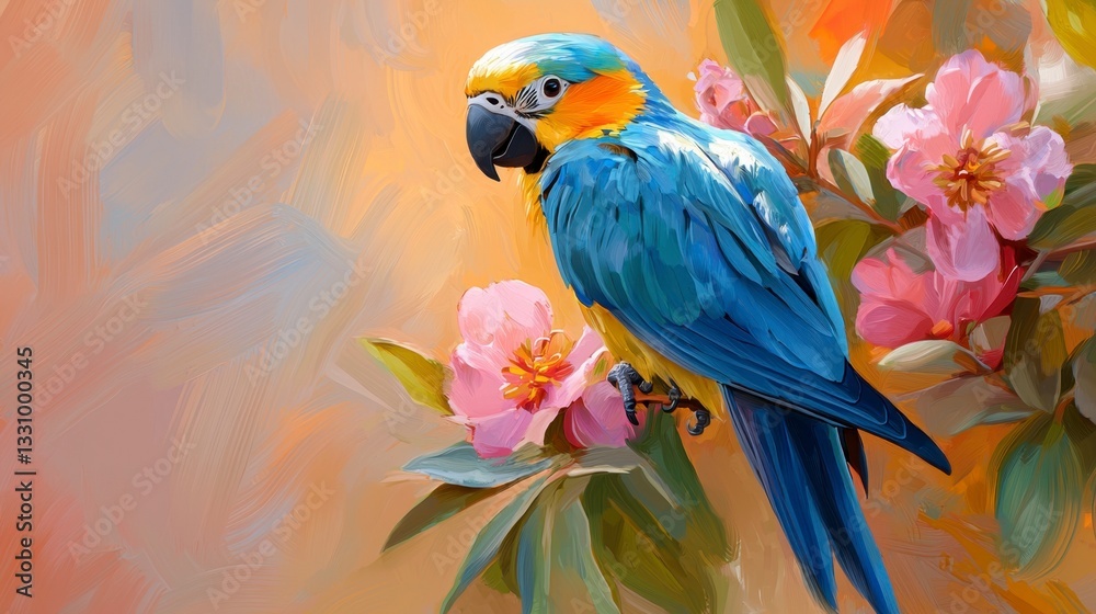Obraz premium In a vibrant symphony of color and texture, a jungle bird alights, its plumage a dazzling display against the dreamy, soft-focused backdrop Each brushstroke tells a story, a whisper of the wild