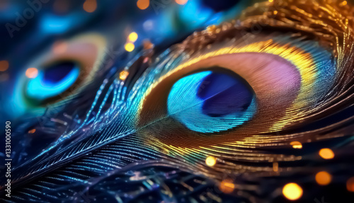 Vibrant Blue and Gold Peacock Feathers Close-Up with Iridescent Glow