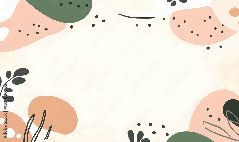 Abstract beige background with peach, green shapes, leaves & dots; perfect for minimalist designs, social media posts, or branding materials. Abstract beige background with peach, green shapes, leaves & dots; perfect for minimalist designs, social media posts, or branding materials.