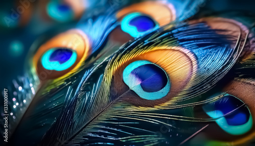 Vibrant Blue and Gold Peacock Feathers Close-Up with Iridescent Glow