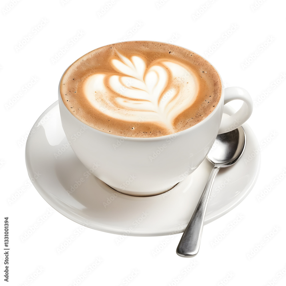 Cup of Cappuccino with Latte Art and Spoon on White Plate. isolated on transparent background. Cup of Cappuccino with Latte Art and Spoon on White Plate. isolated on transparent background.