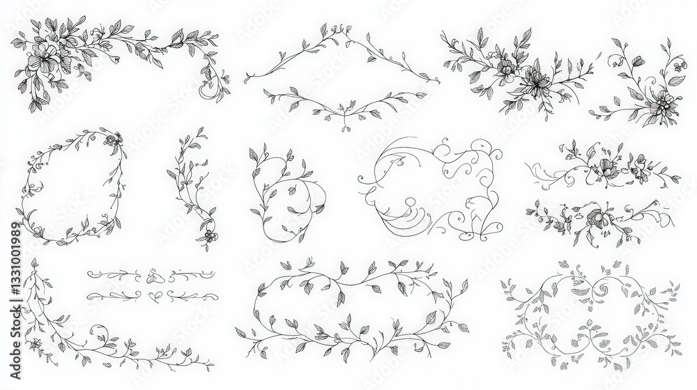 Obraz premium A set of black and white floral designs