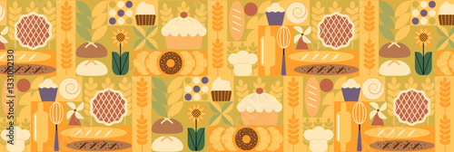 Bread and pastries abstract background. Geometric pattern bakery menu bread, croissant, donut, cupcakes. Pastries and dessert in trendy style, seamless pattern with icons related to bakery, cafe.