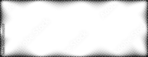 Halftone rectangle grain frame. Black comic dotted wavy border. Pop art fading gradient framing backdrop. Stippled grunge abstract background. Vector dot textured subtle graphic design wallpaper