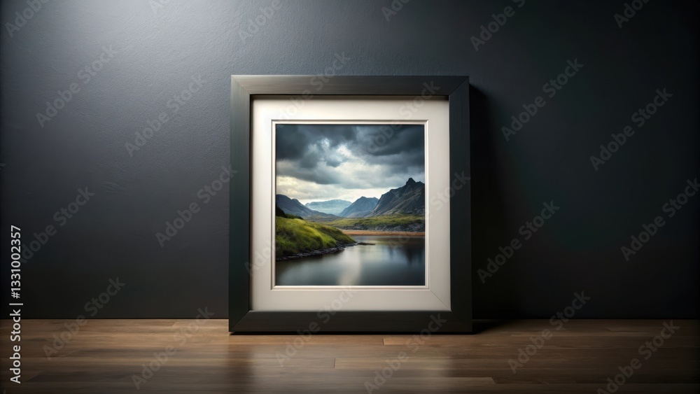 Fototapeta premium A black picture frame with a matte finish sits on a dark wall background, showcasing a beautiful landscape photograph , minimalist style, interior design