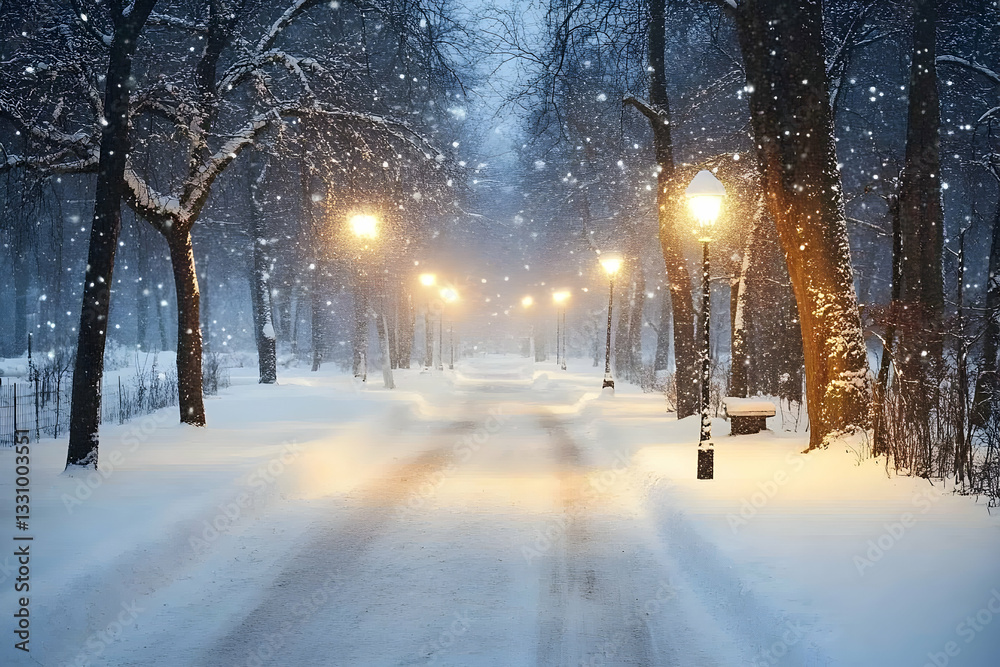 Enchanting snowy pathway at night, illuminated by warm streetlights, falling snow creating a magical winter scene. Enchanting snowy pathway at night, illuminated by warm streetlights, falling snow creating a magical winter scene.